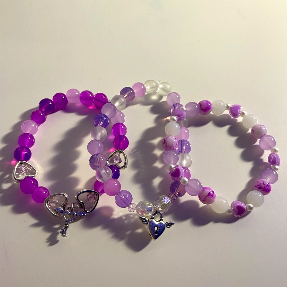 Purple themed w charms, 3 bracelet set